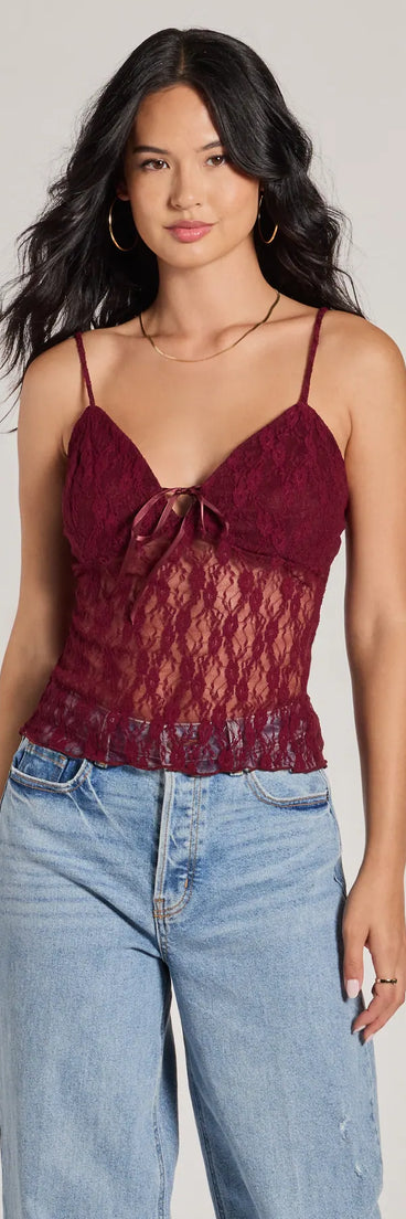 The Sheerly Sultry V-Neck Lace Crop Top in burgundy with a modern design and trendy look is part of the latest women's tops collection to elevate your 2025 wardrobe.
