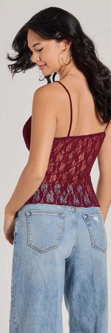 From bold to effortless, the Sheerly Sultry V-Neck Lace Crop Top lets you define your vibe with burgundy tops that speak your style.