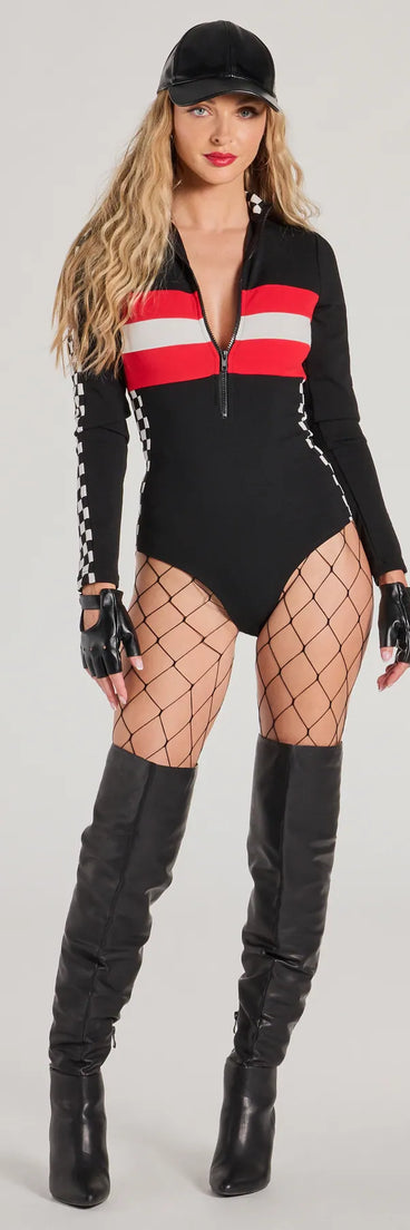 Trendy women’s tops, like the Racing Hottie Long Sleeve Checkered Bodysuit, bring effortless style for fall layering, lounging, or going out.