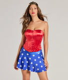 The Lady Justice Satin Lace-Up Bustier in red with a modern design and trendy look is part of the latest women's tops collection to elevate your 2025 wardrobe.