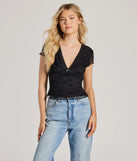 The Mood Set V-Neck Floral Velvet Pattern Mesh Top in black with a modern design and trendy look is part of the latest women's tops collection to elevate your 2025 wardrobe.