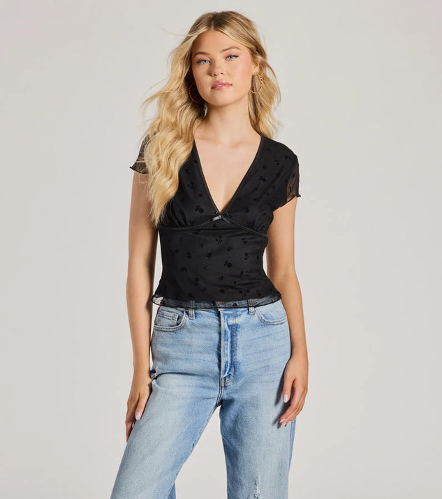 The Mood Set V-Neck Floral Velvet Pattern Mesh Top in black with a modern design and trendy look is part of the latest women's tops collection to elevate your 2025 wardrobe.