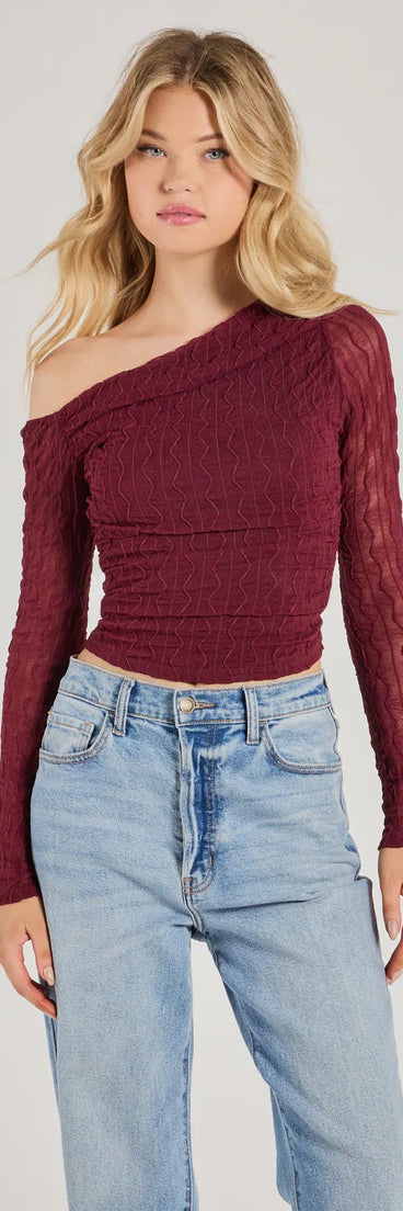 The Elevated Trend Mesh Off-Shoulder Long Sleeve Top in plum with a modern design and trendy look is part of the latest women's tops collection to elevate your 2025 wardrobe.
