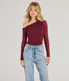 The Elevated Trend Mesh Off-Shoulder Long Sleeve Top in plum with a modern design and trendy look is part of the latest women's tops collection to elevate your 2025 wardrobe.