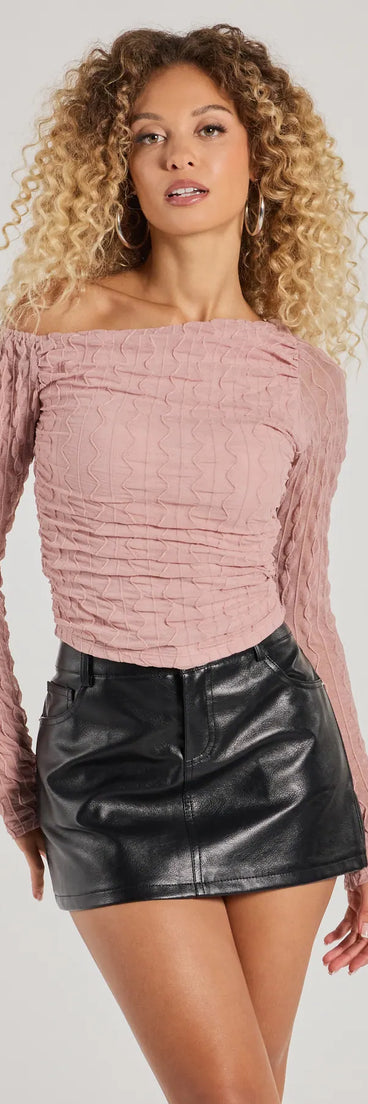 The Elevated Trend Mesh Off-Shoulder Long Sleeve Top in mauve with a modern design and trendy look is part of the latest women's tops collection to elevate your 2025 wardrobe.