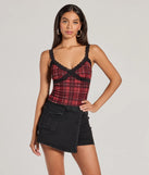The Check Me Out Lace Trim Plaid Crop Top in red with a modern design and trendy look is part of the latest women's tops collection to elevate your 2025 wardrobe.