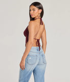 The Sunny Day Cute Halter Open Back Crop Top in maroon with a modern design and trendy look is part of the latest women's tops collection to elevate your 2025 wardrobe.