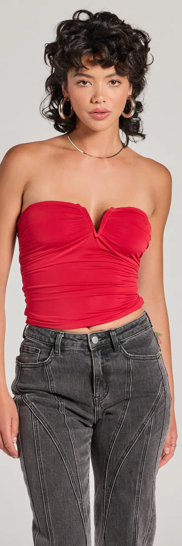 The Flirty Find Strapless Ruched Knit Crop Top in red with a modern design and trendy look is part of the latest women's tops collection to elevate your 2025 wardrobe.