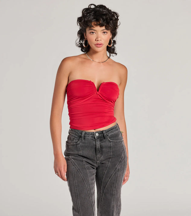 The Flirty Find Strapless Ruched Knit Crop Top in red with a modern design and trendy look is part of the latest women's tops collection to elevate your 2025 wardrobe.