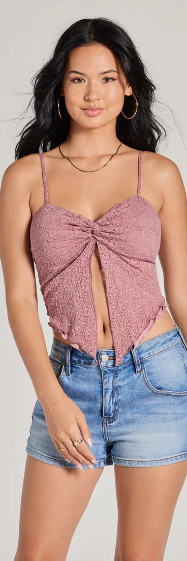 The Sweetly Coy V-Neck Slit Lace Crop Top in mauve with a modern design and trendy look is part of the latest women's tops collection to elevate your 2025 wardrobe.