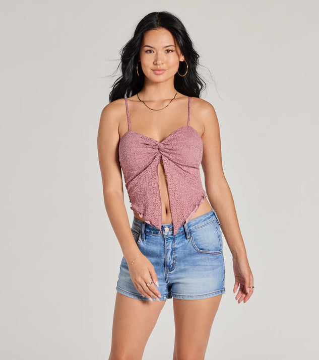 The Sweetly Coy V-Neck Slit Lace Crop Top in mauve with a modern design and trendy look is part of the latest women's tops collection to elevate your 2025 wardrobe.