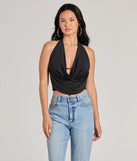 The Sultry Flair Rhinestone Knit Halter Crop Top in black with a modern design and trendy look is part of the latest women's tops collection to elevate your 2025 wardrobe.