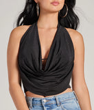 The Sultry Flair Rhinestone Knit Halter Crop Top in black with a modern design and trendy look is part of the latest women's tops collection to elevate your 2025 wardrobe.