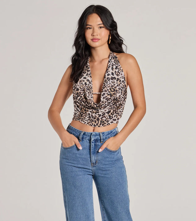 The Prowlin Around Cowl Halter Leopard Crop Top in leopard print with a modern design and trendy look is part of the latest women's tops collection to elevate your 2025 wardrobe.