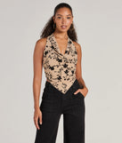 The Bold Romance Flocked Floral Print Halter Top in nude with a modern design and trendy look is part of the latest women's tops collection to elevate your 2025 wardrobe.