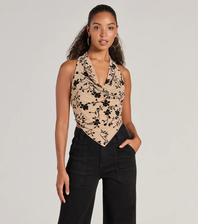 The Bold Romance Flocked Floral Print Halter Top in nude with a modern design and trendy look is part of the latest women's tops collection to elevate your 2025 wardrobe.