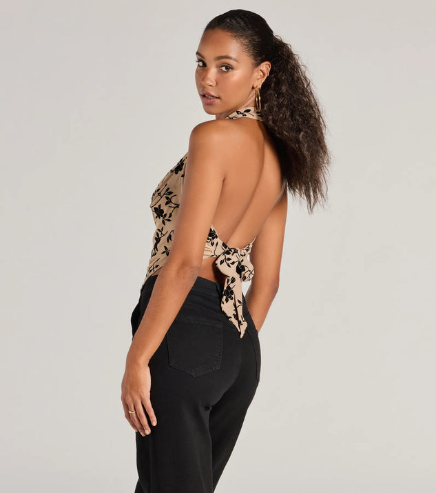 Bold Romance Flocked Floral Print Halter Top | Windsor