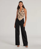 The Bold Romance Flocked Floral Print Halter Top in nude with a modern design and trendy look is part of the latest women's tops collection to elevate your 2025 wardrobe.