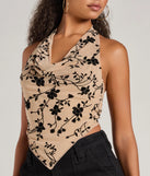 The Bold Romance Flocked Floral Print Halter Top in nude with a modern design and trendy look is part of the latest women's tops collection to elevate your 2025 wardrobe.