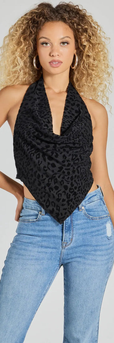 The Alluring Flocked Leopard Print Halter Top in leopard print with a modern design and trendy look is part of the latest women's tops collection to elevate your 2025 wardrobe.