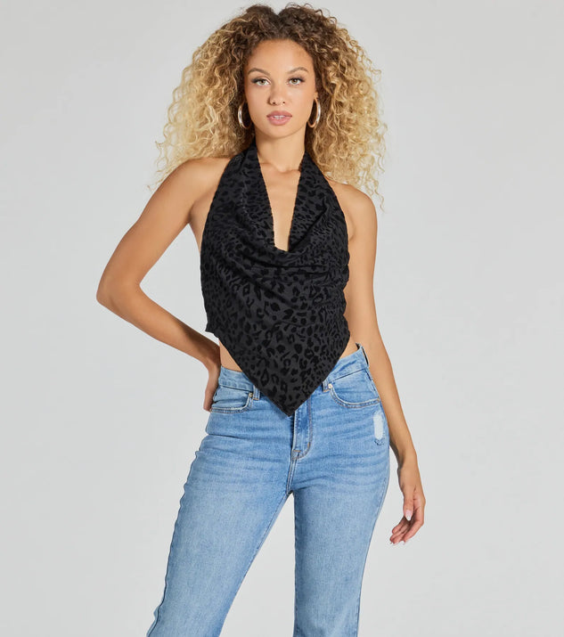 The Alluring Flocked Leopard Print Halter Top in leopard print with a modern design and trendy look is part of the latest women's tops collection to elevate your 2025 wardrobe.