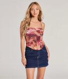 The Colorful Scene Abstract Print Corset Crop Top in multi-color with a modern design and trendy look is part of the latest women's tops collection to elevate your 2025 wardrobe.