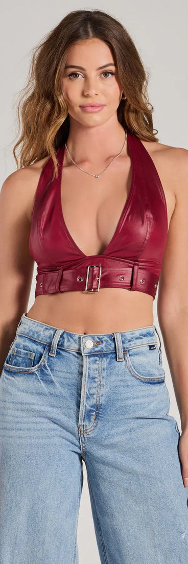 Sultry Vibe Plunge Halter Faux Leather Crop Top, a trendy burgundy addition to women's going-out outfits, is ideal for Christmas party outfits, chic NYE attire, or winter night-out looks that keep you on-trend!