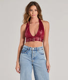 Sultry Vibe Plunge Halter Faux Leather Crop Top, a trendy burgundy addition to women's going-out outfits, is ideal for Christmas party outfits, chic NYE attire, or winter night-out looks that keep you on-trend!