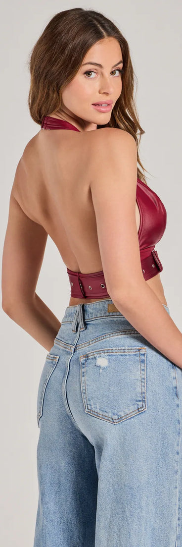 Sultry Vibe Plunge Halter Faux Leather Crop Top, a trendy burgundy addition to women's going-out outfits, is ideal for Christmas party outfits, chic NYE attire, or winter night-out looks that keep you on-trend!
