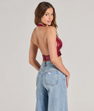 Sultry Vibe Plunge Halter Faux Leather Crop Top, a trendy burgundy addition to women's going-out outfits, is ideal for Christmas party outfits, chic NYE attire, or winter night-out looks that keep you on-trend!