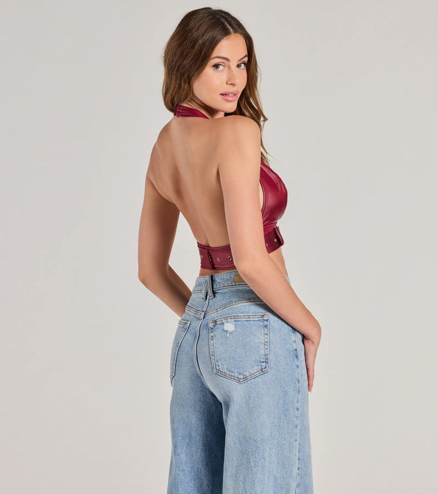Sultry Vibe Plunge Halter Faux Leather Crop Top | Windsor