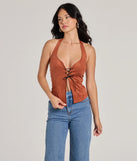 Country Girlie Halter Lace-Up Faux Suede Crop Top, a trendy rust addition to women's going-out outfits, is ideal for Christmas party outfits, chic NYE attire, or winter night-out looks that keep you on-trend!