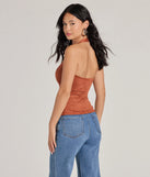 Country Girlie Halter Lace-Up Faux Suede Crop Top, a trendy rust addition to women's going-out outfits, is ideal for Christmas party outfits, chic NYE attire, or winter night-out looks that keep you on-trend!