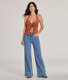 Country Girlie Halter Lace-Up Faux Suede Crop Top, a trendy rust addition to women's going-out outfits, is ideal for Christmas party outfits, chic NYE attire, or winter night-out looks that keep you on-trend!