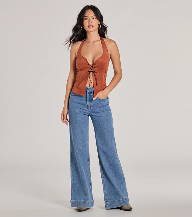Country Girlie Halter Lace-Up Faux Suede Crop Top | Windsor Country Girlie Halter Lace-Up Faux Suede Crop Top | Windsor
