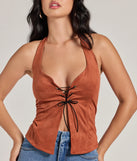 Country Girlie Halter Lace-Up Faux Suede Crop Top, a trendy rust addition to women's going-out outfits, is ideal for Christmas party outfits, chic NYE attire, or winter night-out looks that keep you on-trend!