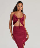 Effortlessly create party outfits or vacation-ready looks with the Flirty Moves Ruffled Tie-Front Knit Crop Top, one part of a versatile women's burgundy matching set perfect for quick and easy outfit combinations from layering chic outfits to transitioning your look seamlessly.