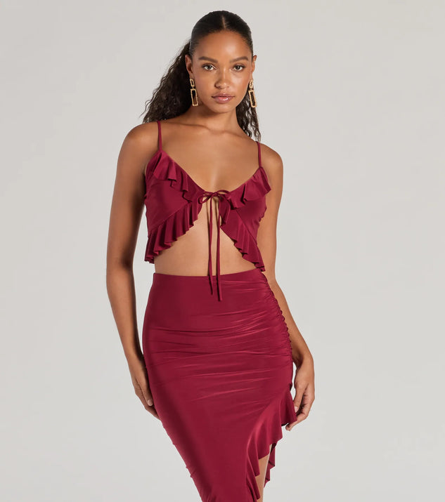 Effortlessly create party outfits or vacation-ready looks with the Flirty Moves Ruffled Tie-Front Knit Crop Top, one part of a versatile women's burgundy matching set perfect for quick and easy outfit combinations from layering chic outfits to transitioning your look seamlessly.