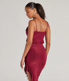 From bold to effortless, the Flirty Moves Ruffled Tie-Front Knit Crop Top lets you define your vibe with burgundy tops that speak your style.