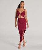 Stay on-trend this season with the Flirty Moves Ruffled Tie-Front Knit Crop Top in burgundy, a must-have for creating stylish and effortless spring outfits for women.