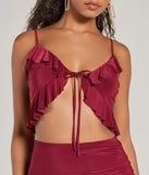 Effortlessly create party outfits or vacation-ready looks with the Flirty Moves Ruffled Tie-Front Knit Crop Top, one part of a versatile women's burgundy matching set perfect for quick and easy outfit combinations from layering chic outfits to transitioning your look seamlessly.
