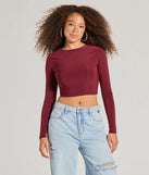 The Stop And Stare Backless Long Sleeve Top is a women's burgundy long-sleeve top with an elevated style and unique design accents, perfect for layering or transitioning into colder months.