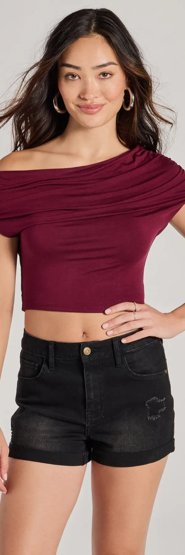 The Modern Chic One-Shoulder Crop Top in wine with a modern design and trendy look is part of the latest women's tops collection to elevate your 2025 wardrobe.