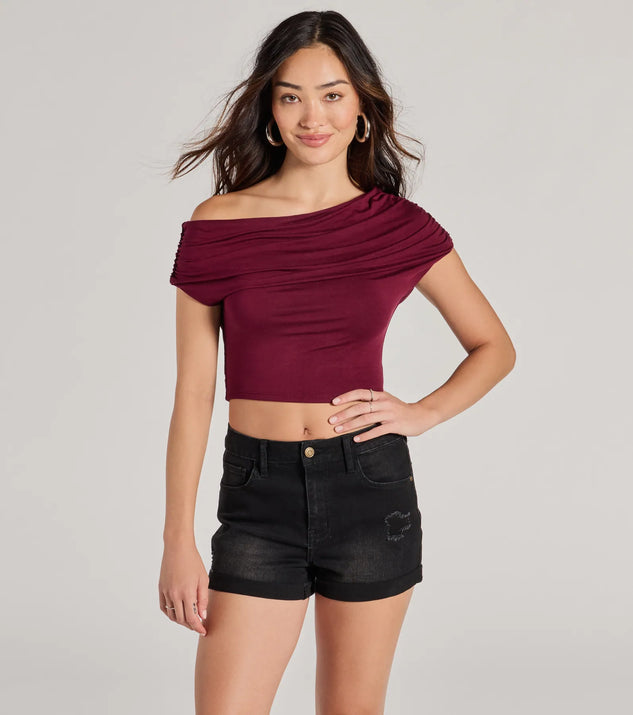 The Modern Chic One-Shoulder Crop Top in wine with a modern design and trendy look is part of the latest women's tops collection to elevate your 2025 wardrobe.