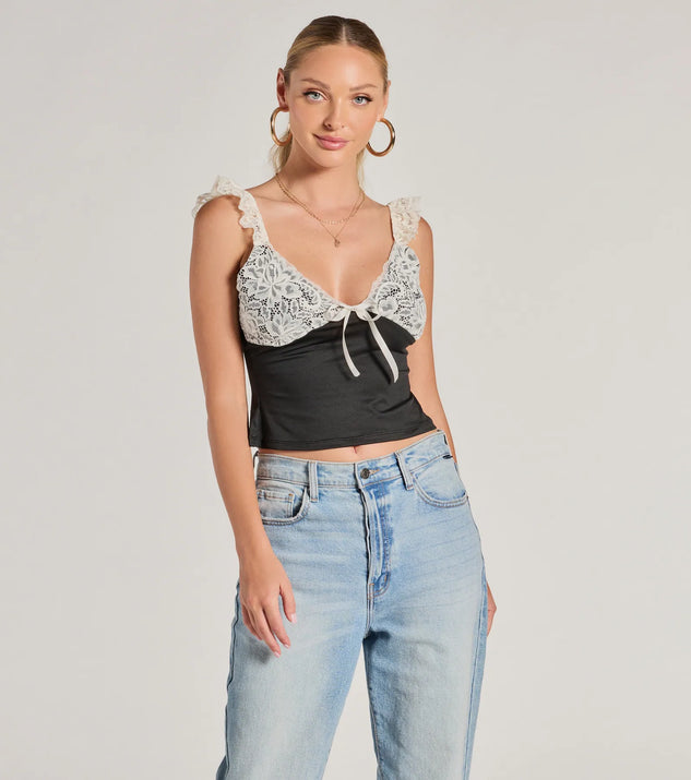 The Effortlessly Pretty Lace And Knit Sleeveless Top in black with a modern design and trendy look is part of the latest women's tops collection to elevate your 2025 wardrobe.