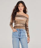 The Trendy Abstract Mesh Off-Shoulder Top in multi-color with a modern design and trendy look is part of the latest women's tops collection to elevate your 2025 wardrobe.