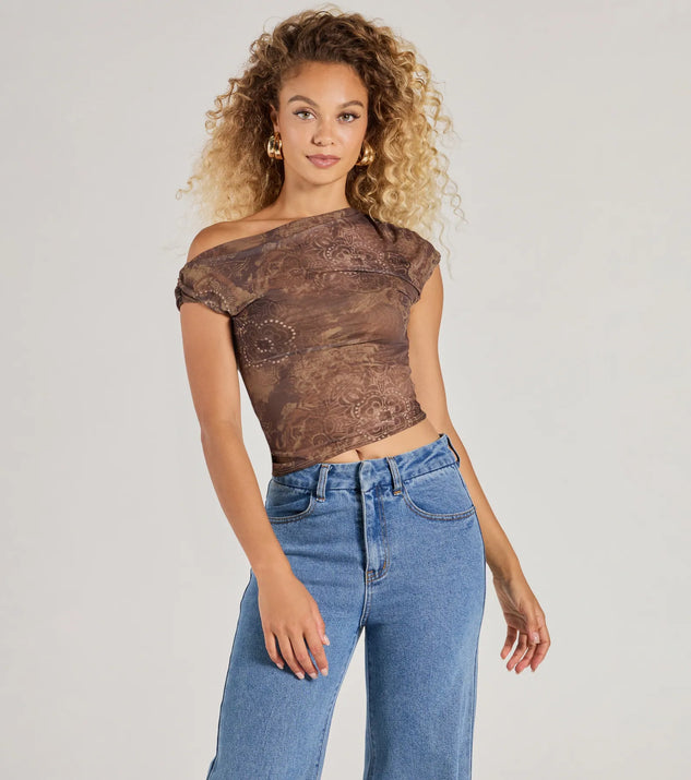 The Trendy One-Shoulder Boho Print Crop Top in brown with a modern design and trendy look is part of the latest women's tops collection to elevate your 2025 wardrobe.