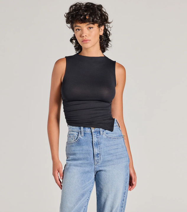 The Stylish Basic Sleeveless Mock Neck Crop Top in black with a modern design and trendy look is part of the latest women's tops collection to elevate your 2025 wardrobe.