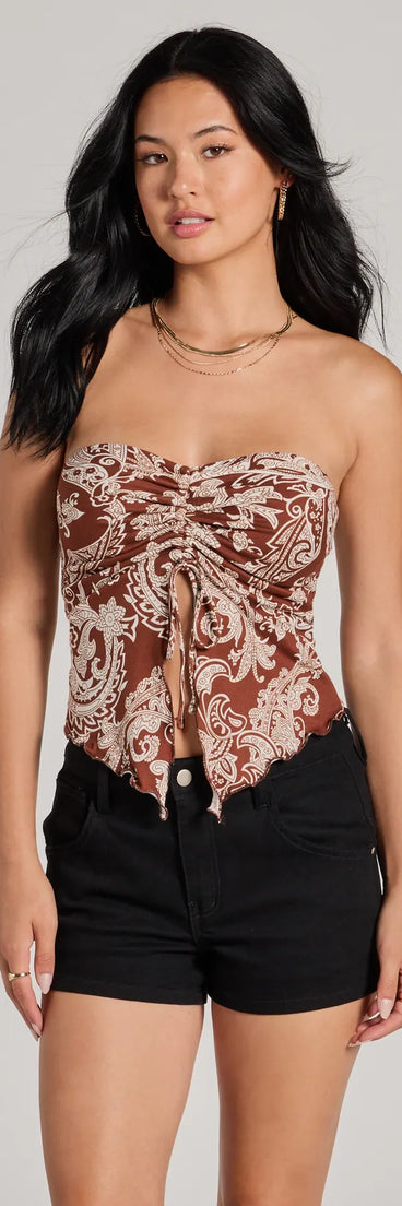 Paisley Babe Strapless Slit Crop Top, a trendy brown addition to women's going-out outfits, is ideal for Christmas party outfits, chic NYE attire, or winter night-out looks that keep you on-trend!