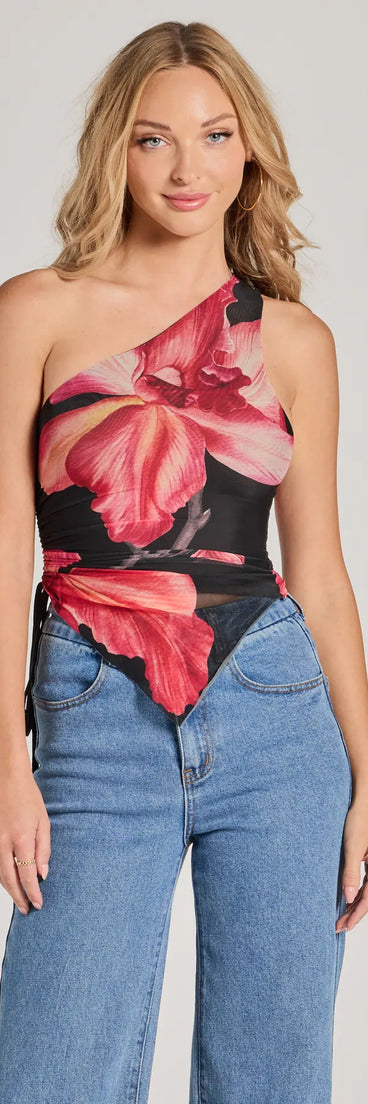 Pretty Bold One-Shoulder Floral Mesh Crop Top